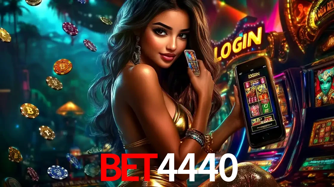 Mulher em um cenário de cassino temático de aventura, mostrando o app de caça-níqueis da bet4440 no celular. Fichas de apostas flutuam ao redor.