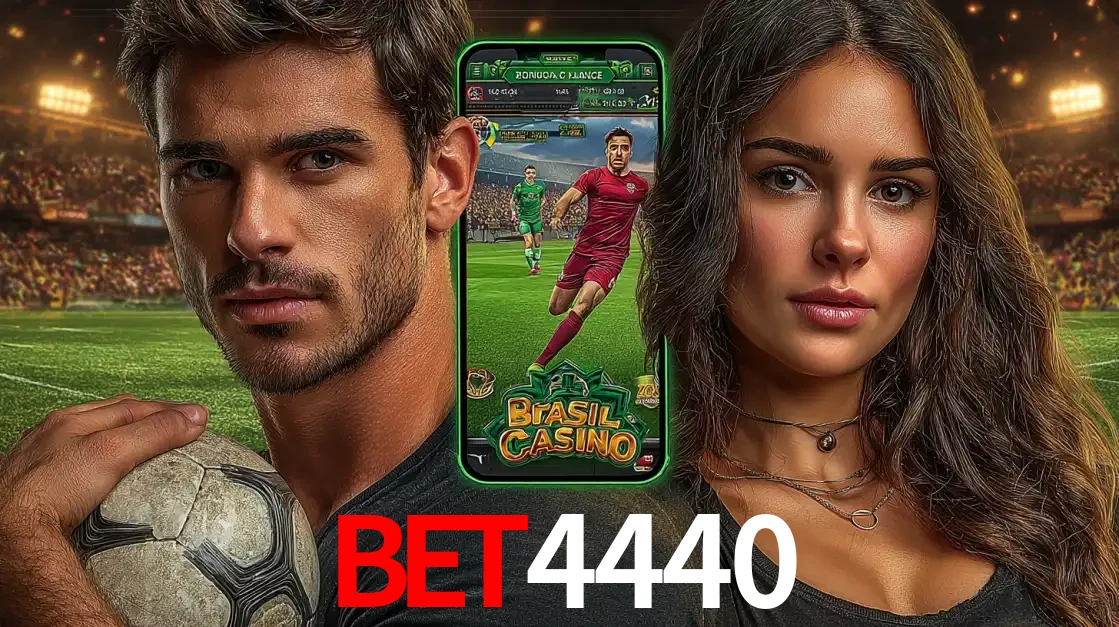 Homem segurando uma bola de futebol e uma mulher ao lado de um smartphone exibindo o jogo de apostas esportivas da bet4440. Faça seu palpite no cassino online.